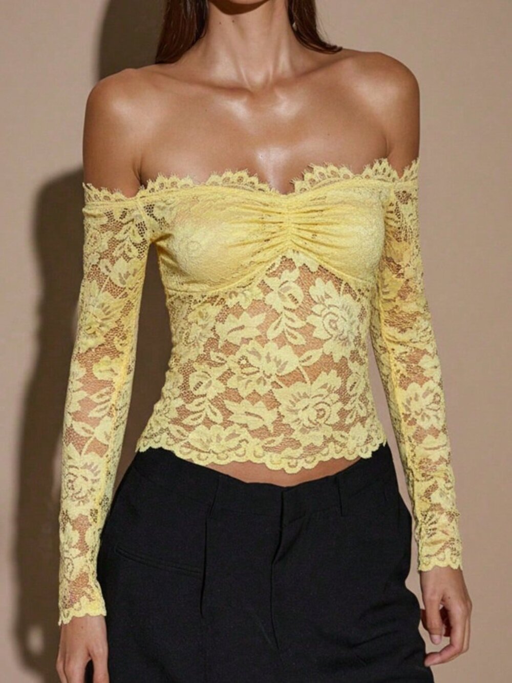 Yellow Elegant Women's Lace Sheer Hollow-Out Off-Shoulder Long Sleeve Top